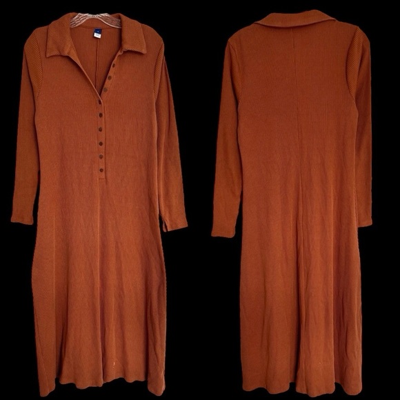 Old Navy Brown Ribbed Henley Sweater Dress Size L Midi Knit Cozy Stretch - Picture 1 of 7